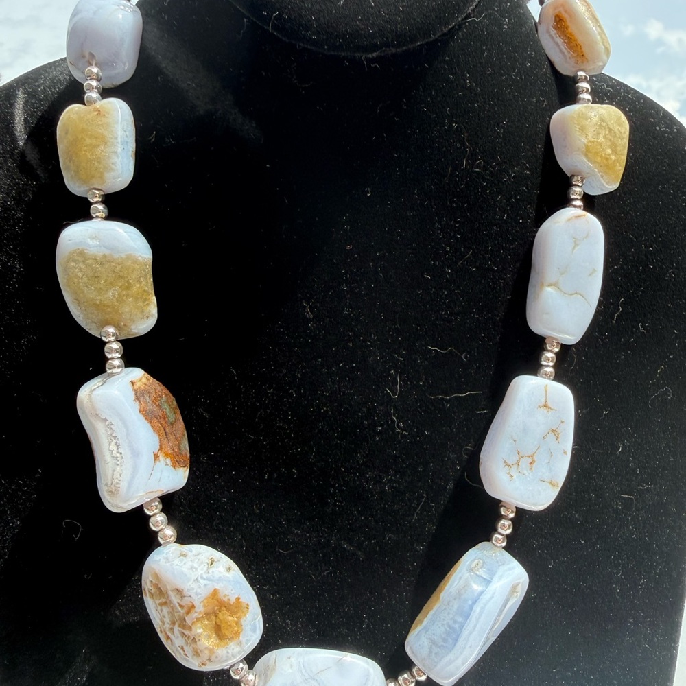 BoHo Whimsical unique Blue and Tan Blue Lace Agate necklace.